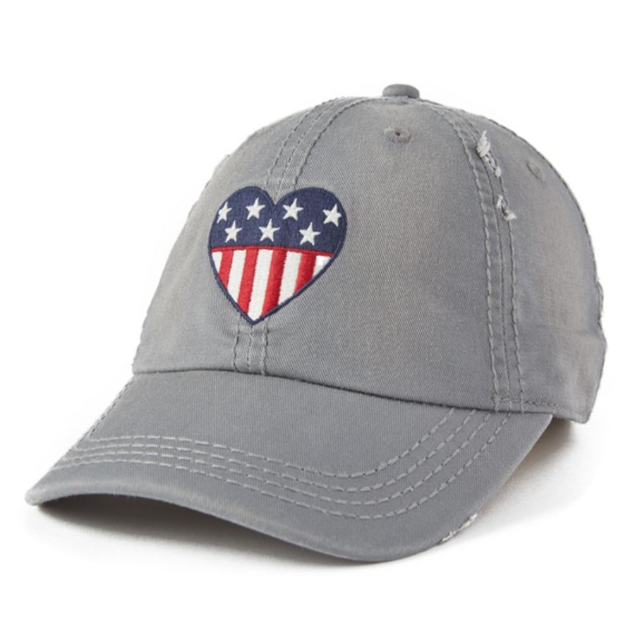 Women Life is Good Hats | Americana Flag Heart Sunwashed Chill Cap Slate Gray