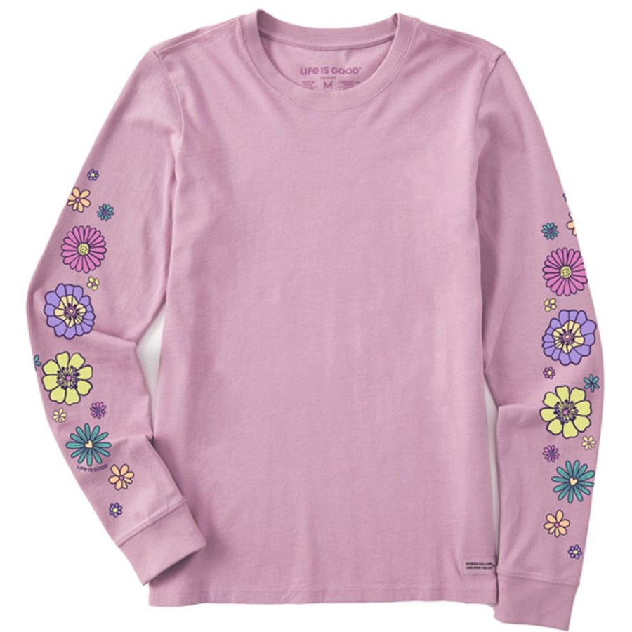 Women Life is Good Graphic Tees | Women'S Retro Flowers Long Sleeve Crusher Tee Violet Purple