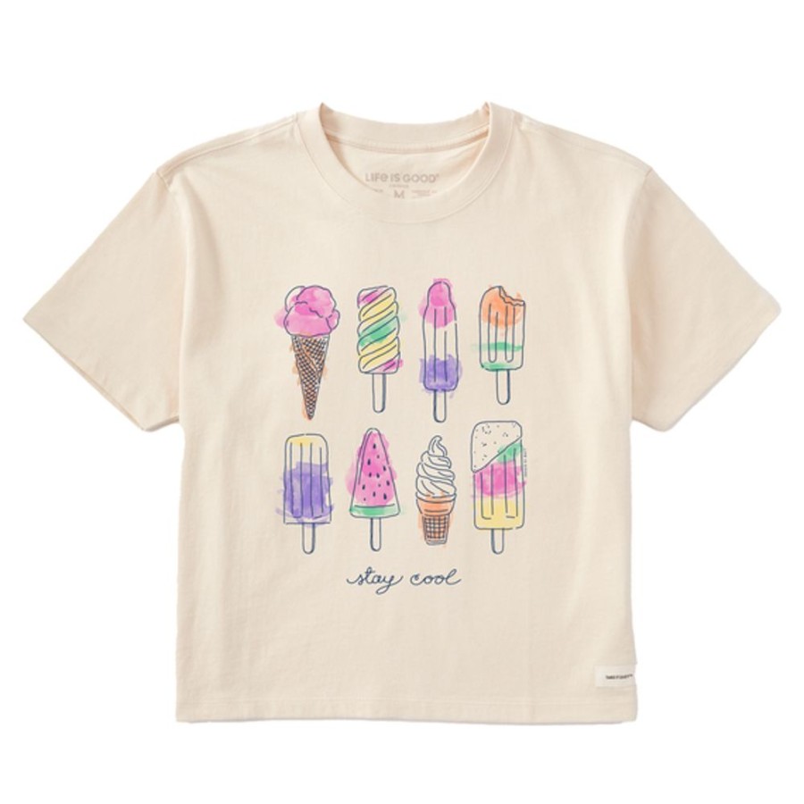 Women Life is Good Boxy Tees | Women'S Watercolor Ice Cream & Popsicles Boxy Crusher Tee Putty White