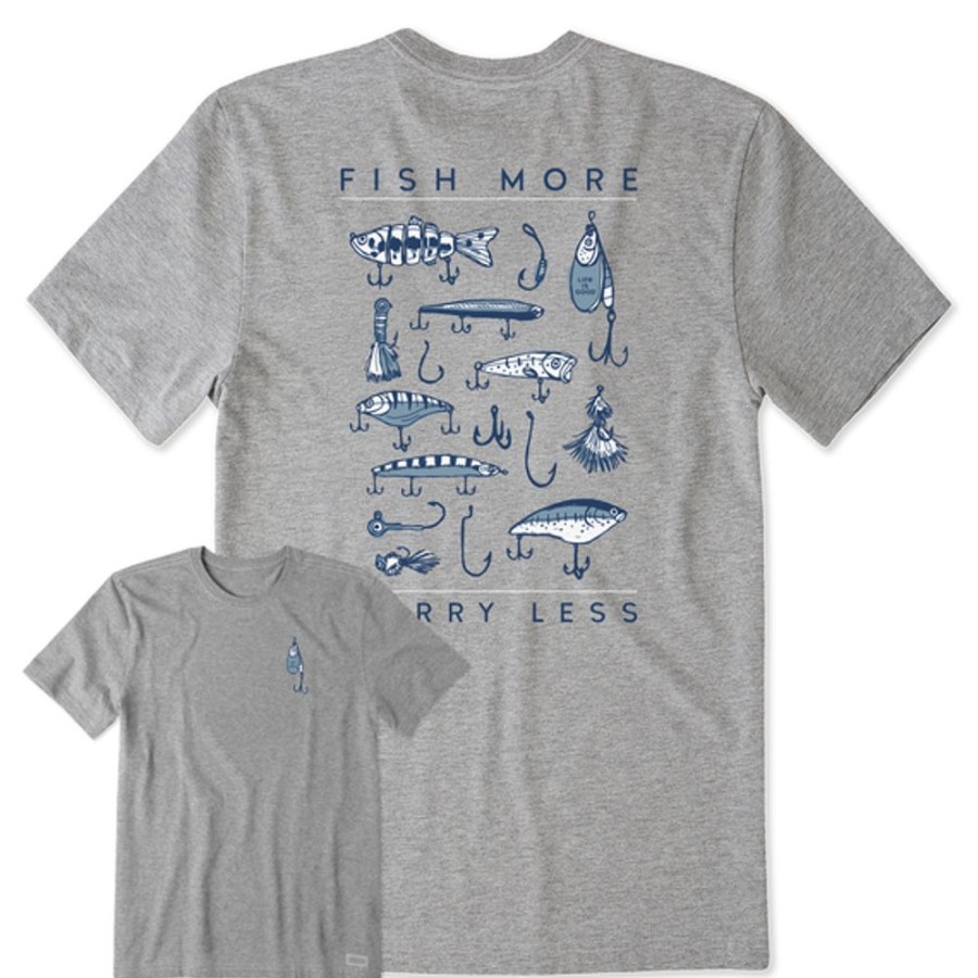 Men Life is Good Graphic Tees | Men'S Fish More Worry Less Hooks And Tackle Short Sleeve Tee Heather Gray