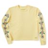 Women Life is Good Graphic Tees | Women'S Smiley Sunflowers Long Sleeve Boxy Crusher Tee Sandy Yellow