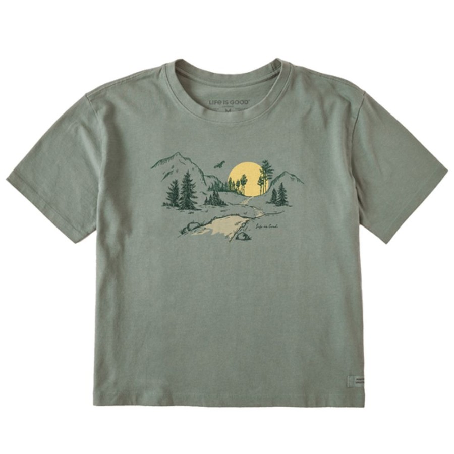 Women Life is Good Graphic Tees | Women'S Fineline Trail Boxy Crusher Tee Moss Green