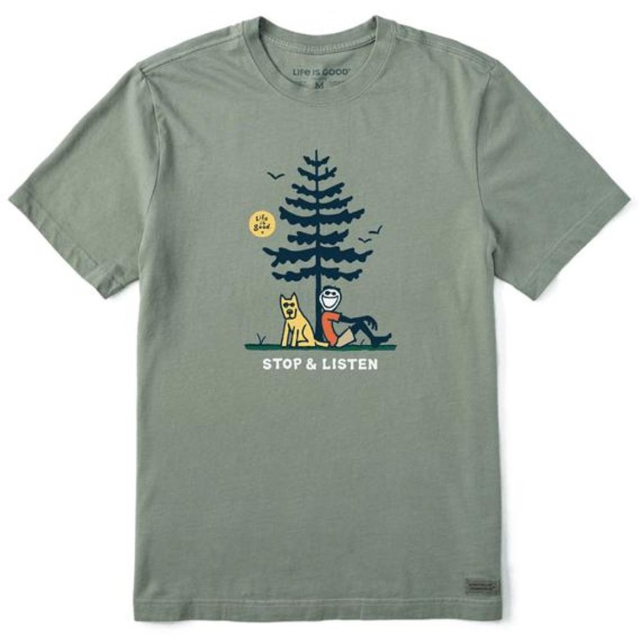 Men Life is Good Graphic Tees | Men'S Jake And Rocket Stop And Listen Short Sleeve Tee Moss Green