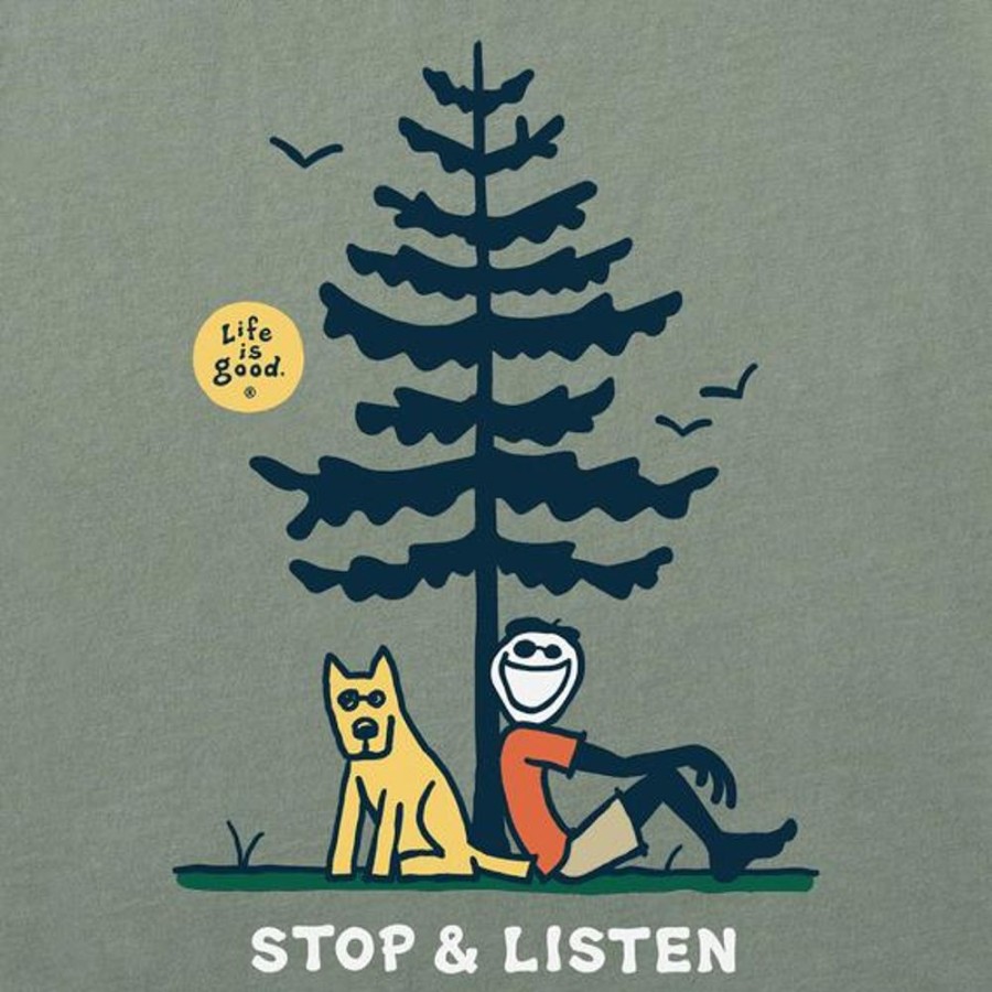 Men Life is Good Graphic Tees | Men'S Jake And Rocket Stop And Listen Short Sleeve Tee Moss Green