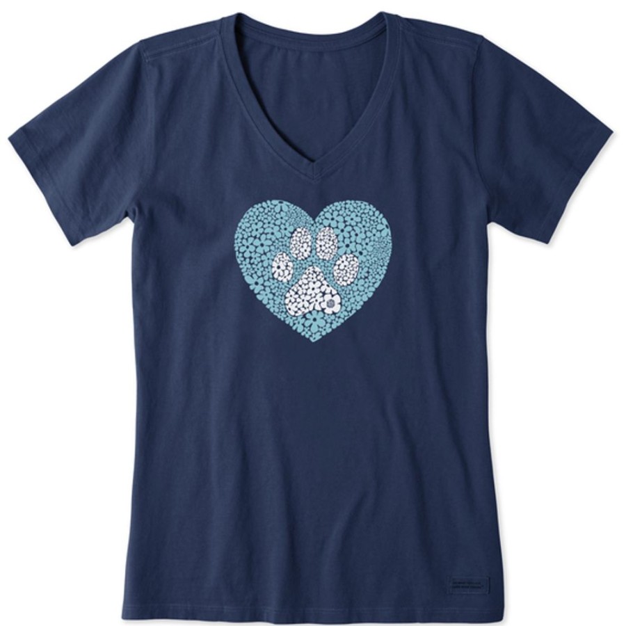 Women Life is Good Graphic Tees | Women'S Daisy Heart Paw Short Sleeve Vee Darkest Blue