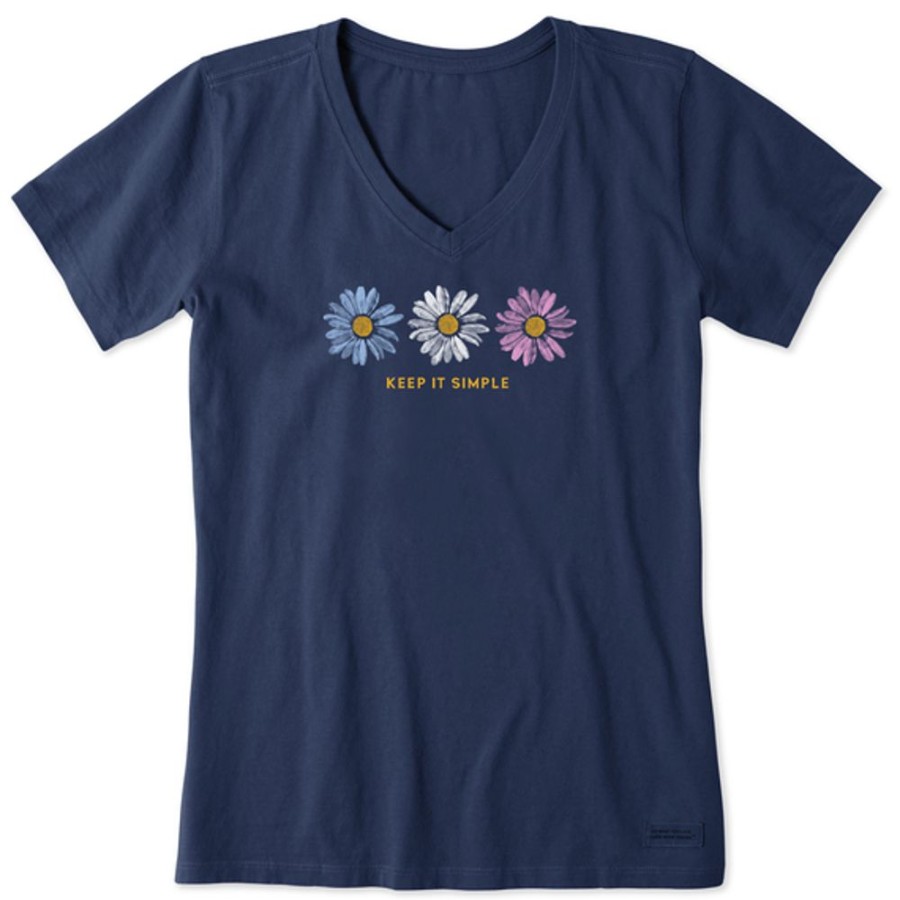 Women Life is Good Graphic Tees | Women'S Keep It Simple Trio Daisy Short Sleeve Vee Darkest Blue