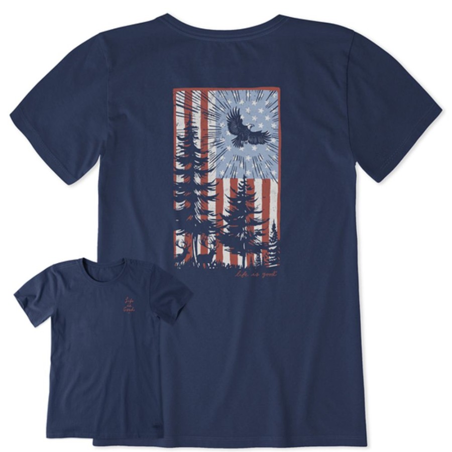 Women Life is Good Graphic Tees | Women'S Woodcut Pine Tree Flag Short Sleeve Tee Darkest Blue