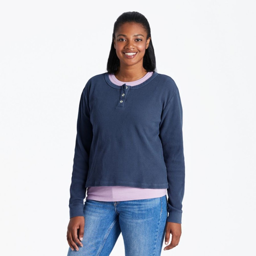 Women Life is Good Henley & Thermals | Women'S Solid Boxy Thermal Henley Darkest Blue