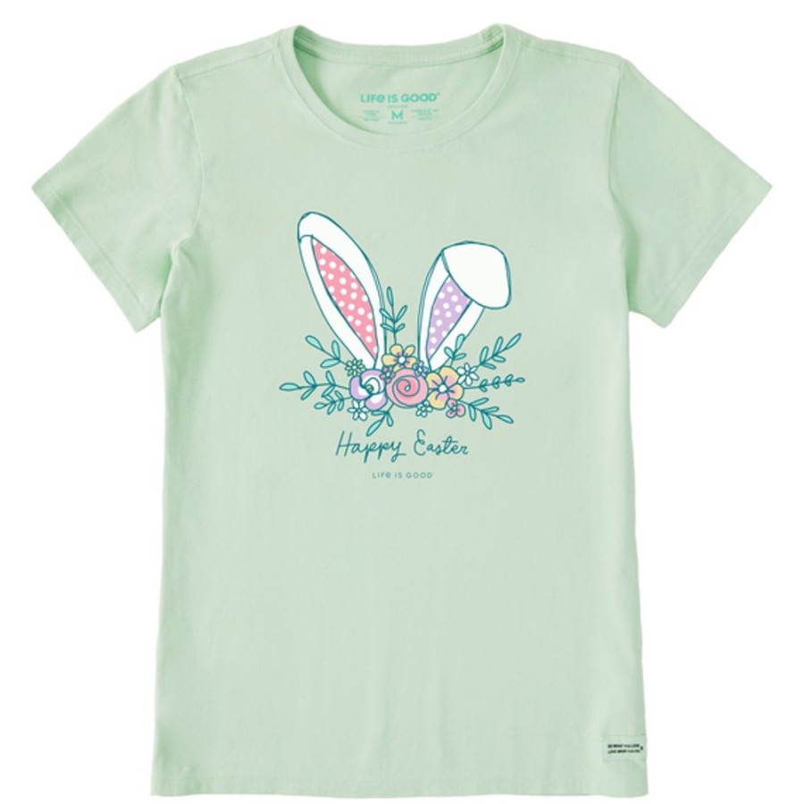 Women Life is Good Graphic Tees | Women'S Happy Easter Bunny Ears Flower Crown Short Sleeve Tee Sage Green