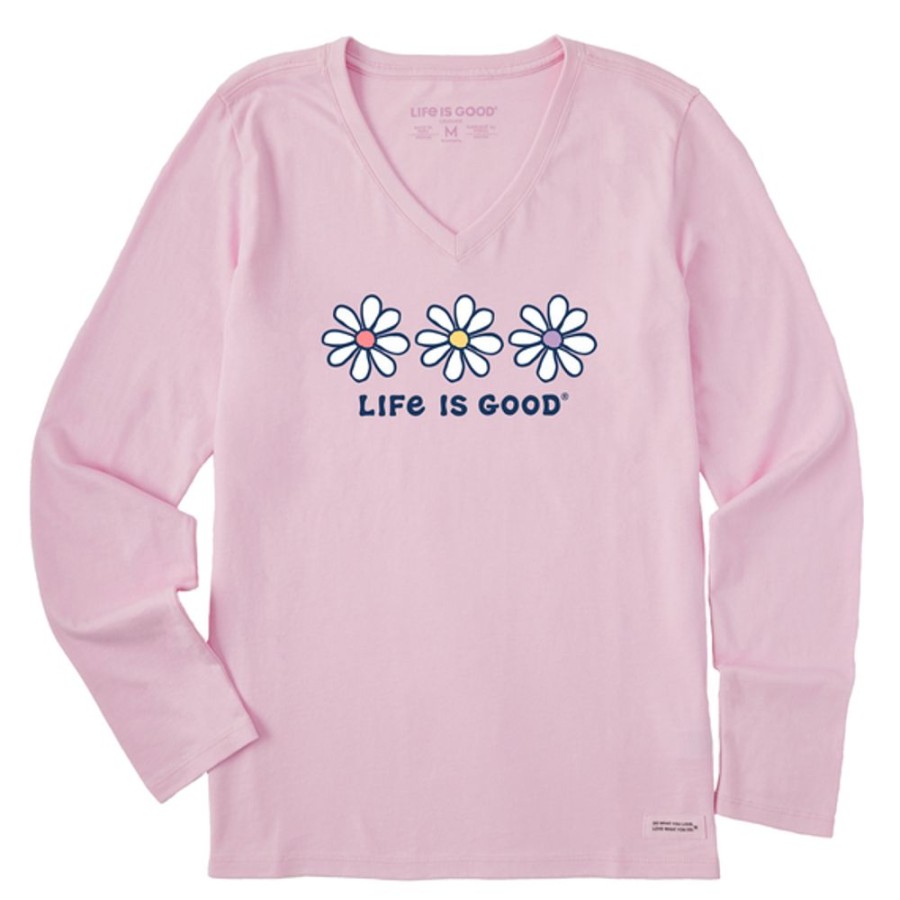 Women Life is Good Graphic Tees | Women'S 3 Daisies Long Sleeve Crusher Vee Seashell Pink