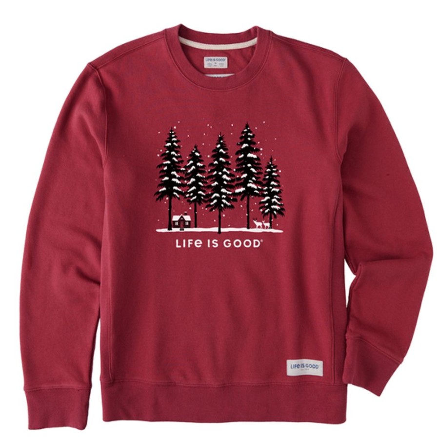 Men Life is Good Sweatshirts & Hoodies | Men'S Snowy Winter Cabin Scene Simply True Fleece Crew Cranberry Red