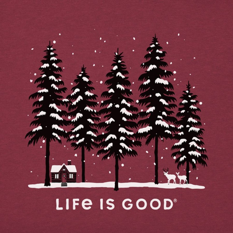 Men Life is Good Sweatshirts & Hoodies | Men'S Snowy Winter Cabin Scene Simply True Fleece Crew Cranberry Red