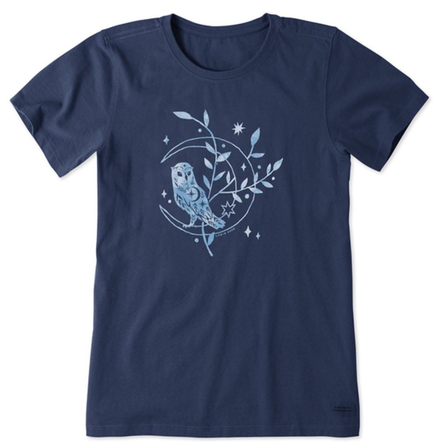 Women Life is Good Graphic Tees | Women'S Woodcut Moonlight Owl Short Sleeve Tee Darkest Blue