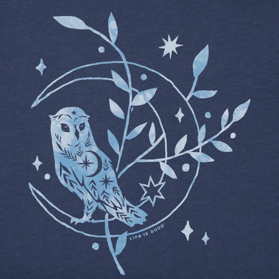 Women Life is Good Graphic Tees | Women'S Woodcut Moonlight Owl Short Sleeve Tee Darkest Blue