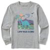 Kids Life is Good Graphic Tees | Kids Clean Dinosaur Life Was Good Long Sleeve Crusher Tee Heather Gray