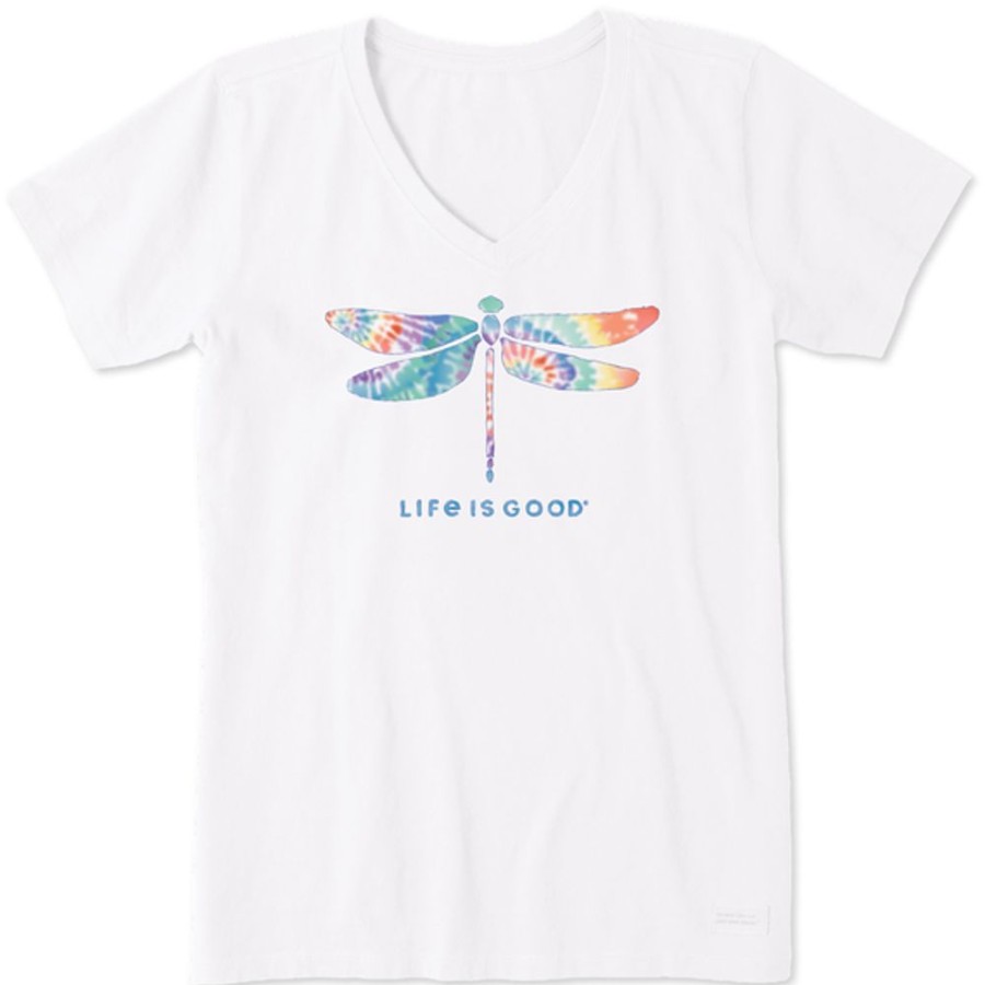 Women Life is Good Graphic Tees | Women'S Tie Dye Watercolor Dragonfly Crusher Vee Cloud White