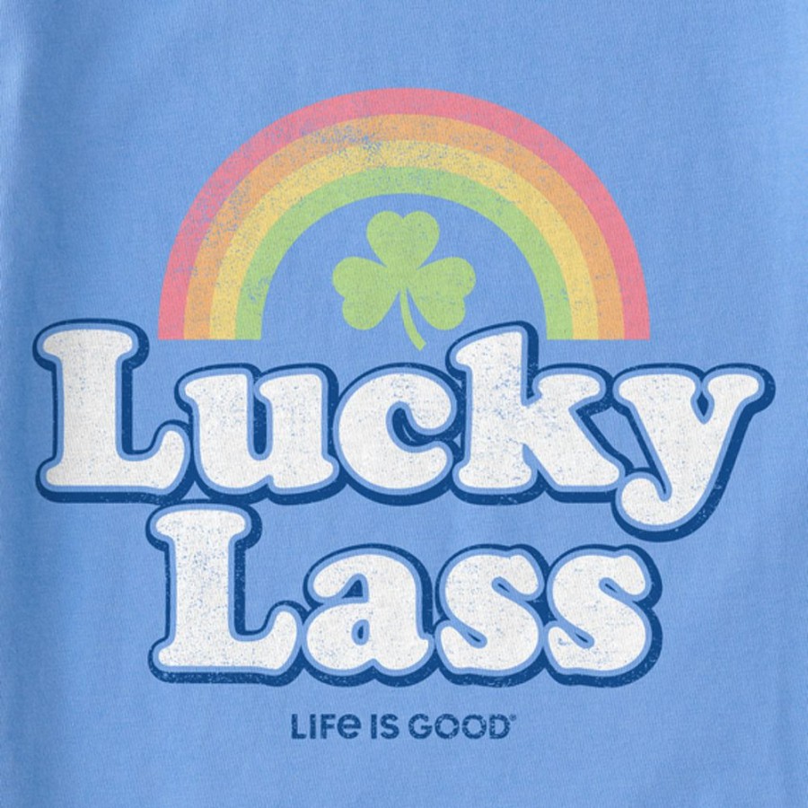 Kids Life is Good Graphic Tees | Kids Clean Lucky Lass Rainbow Clover Crusher Tee Cornflower Blue