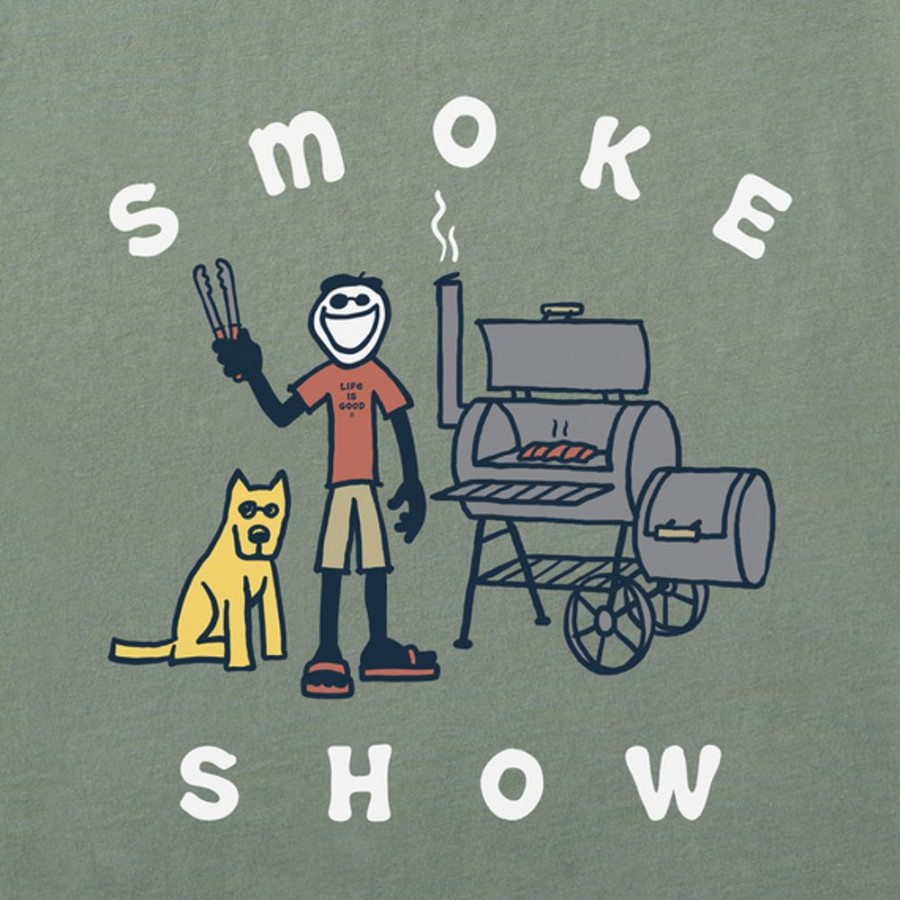 Men Life is Good Graphic Tees | Men'S Jake & Rocket Smoker Long Sleeve Crusher Tee Moss Green