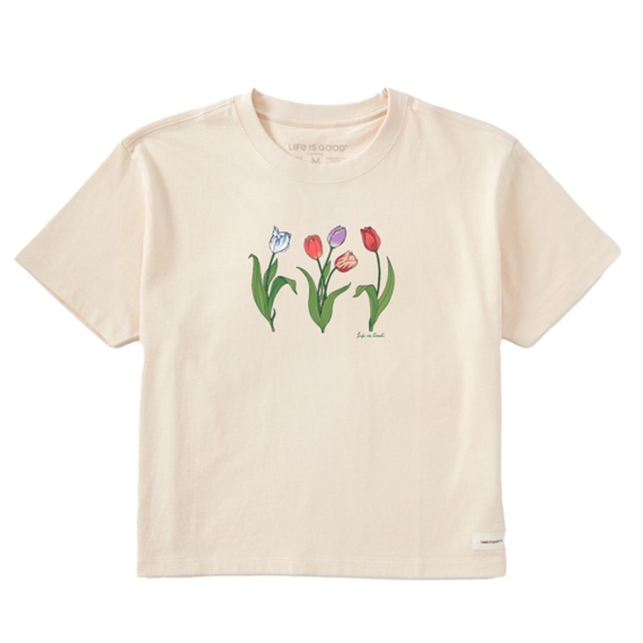 Women Life is Good Boxy Tees | Women'S 3 Genuine Tulips Boxy Crusher Tee Putty White