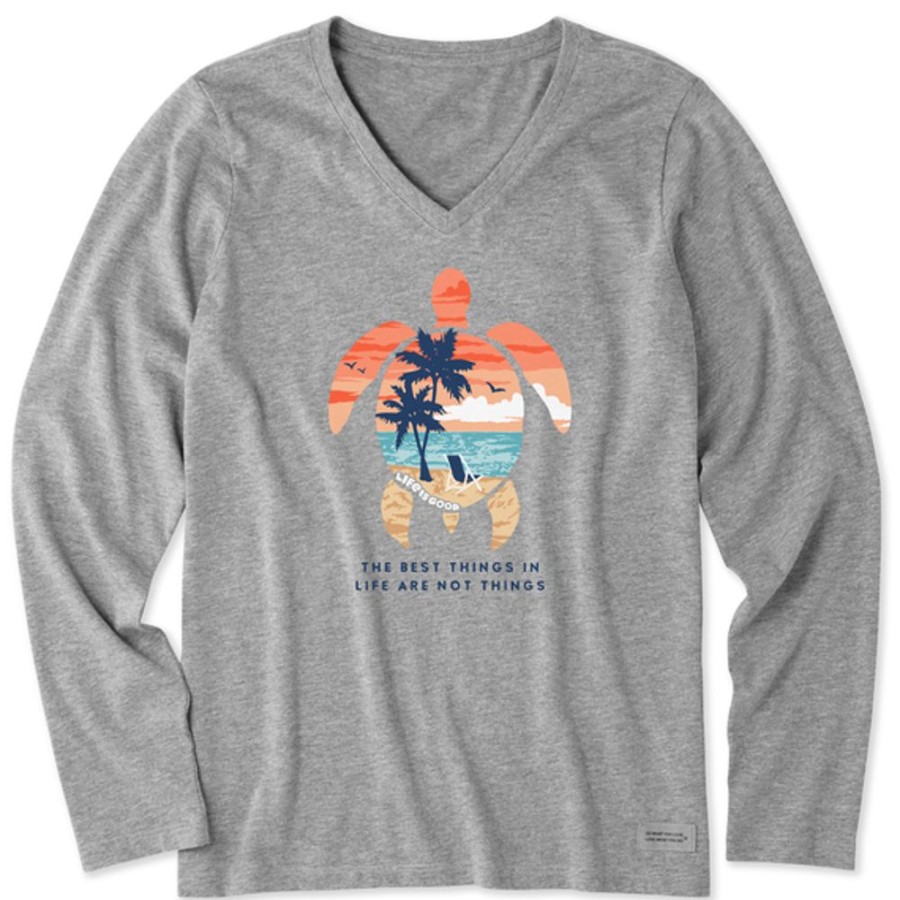 Women Life is Good Graphic Tees | Women'S Best Things Sea Turtle Beach Long Sleeve Crusher Vee Heather Gray