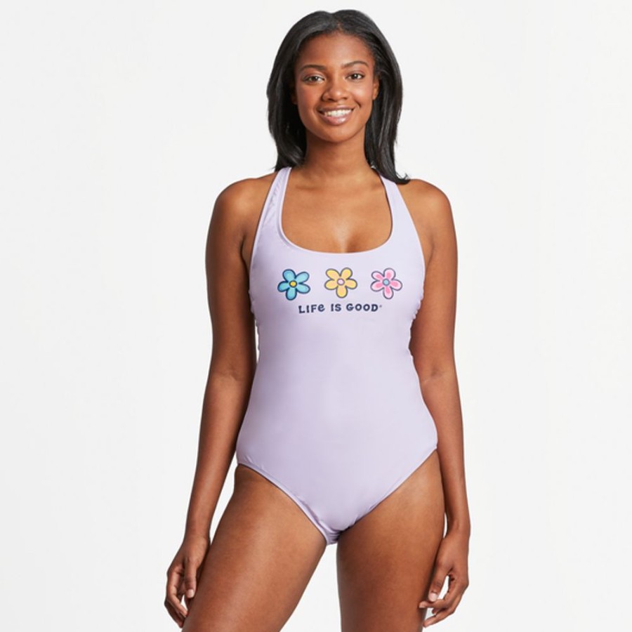 Women Inmocean Swimwear | Women'S Three Daisies Tie-Back Scoop One Piece Swimsuit Lilac Purple