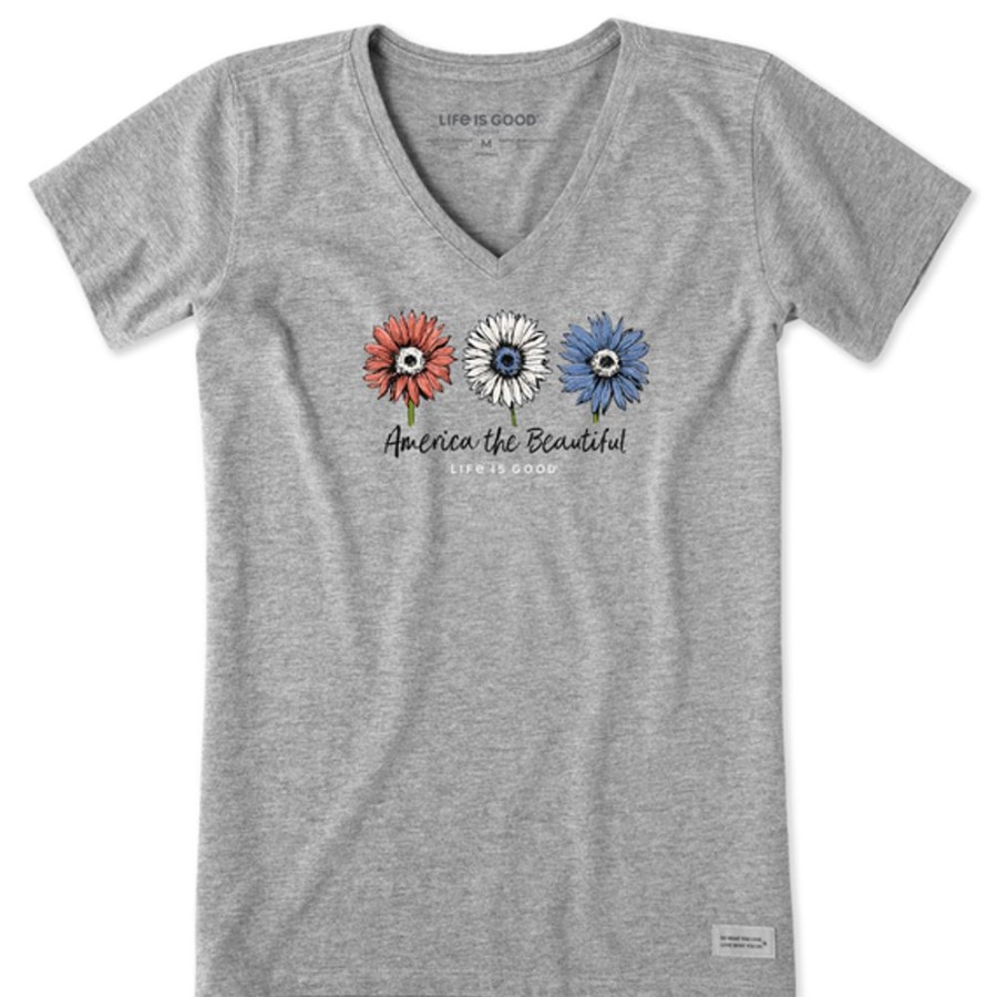 Women Life is Good Graphic Tees | Women'S America The Beautiful Sunflowers Short Sleeve Vee Heather Gray