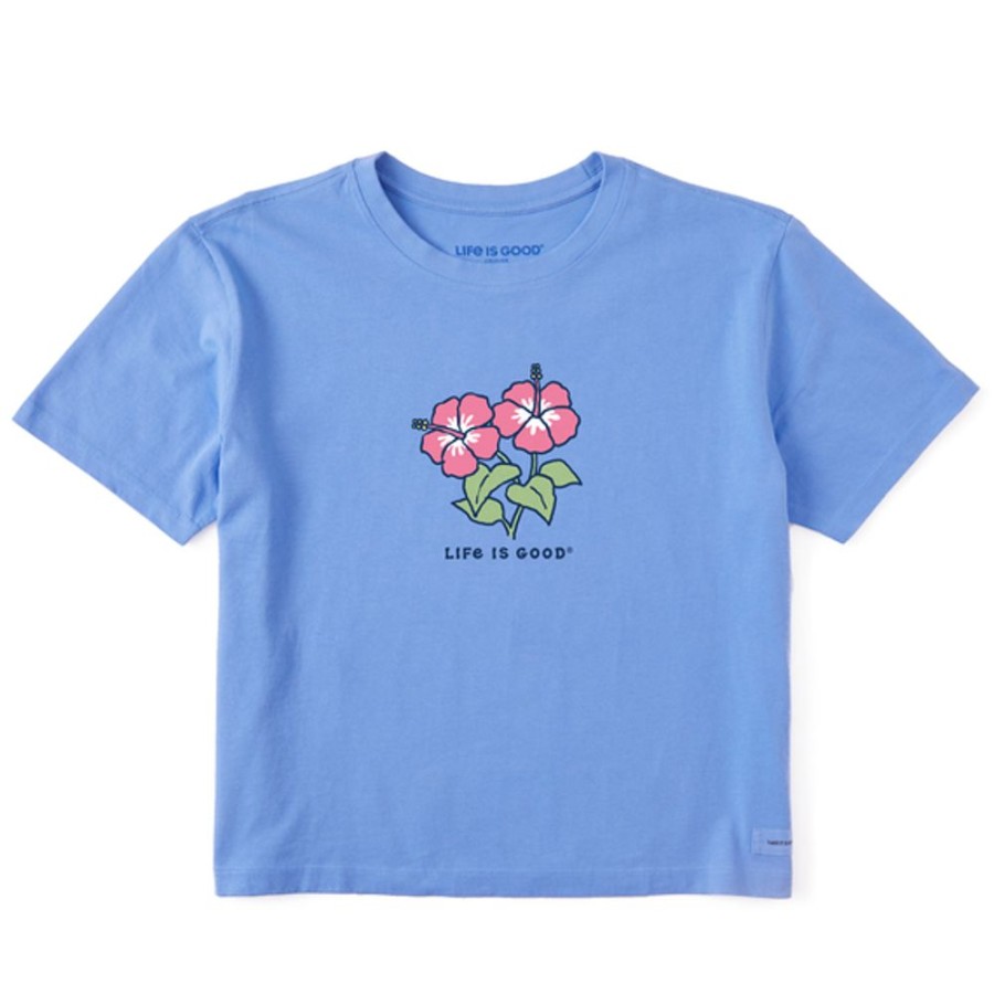 Women Life is Good Boxy Tees | Women'S Vintage Hibiscuses Boxy Crusher Tee Cornflower Blue