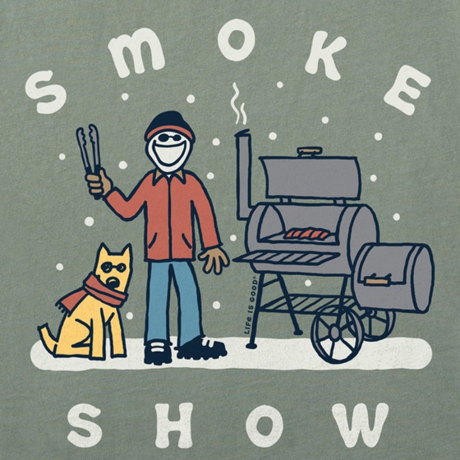 Men Life is Good Graphic Tees | Men'S Vintage Snowy Smoke Show Jake & Rocket Long Sleeve Crusher Tee Moss Green