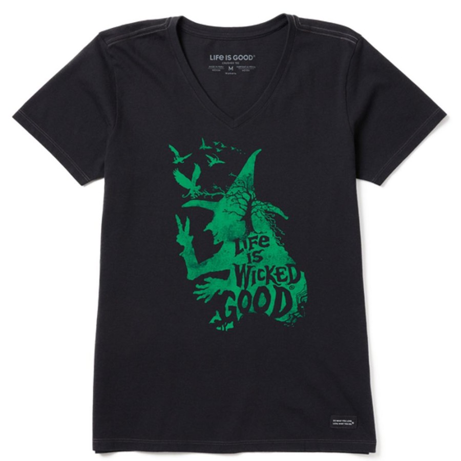 Women Life is Good Graphic Tees | Women'S Wizard Of Oz Life Is Wicked Good Witch Short Sleeve Vee Jet Black