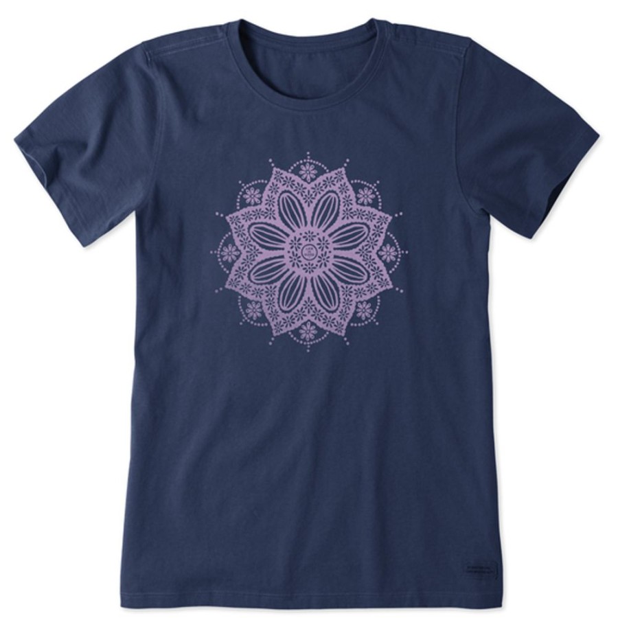 Women Life is Good Graphic Tees | Women'S Crochet Mandala Daisy Crusher Tee Darkest Blue