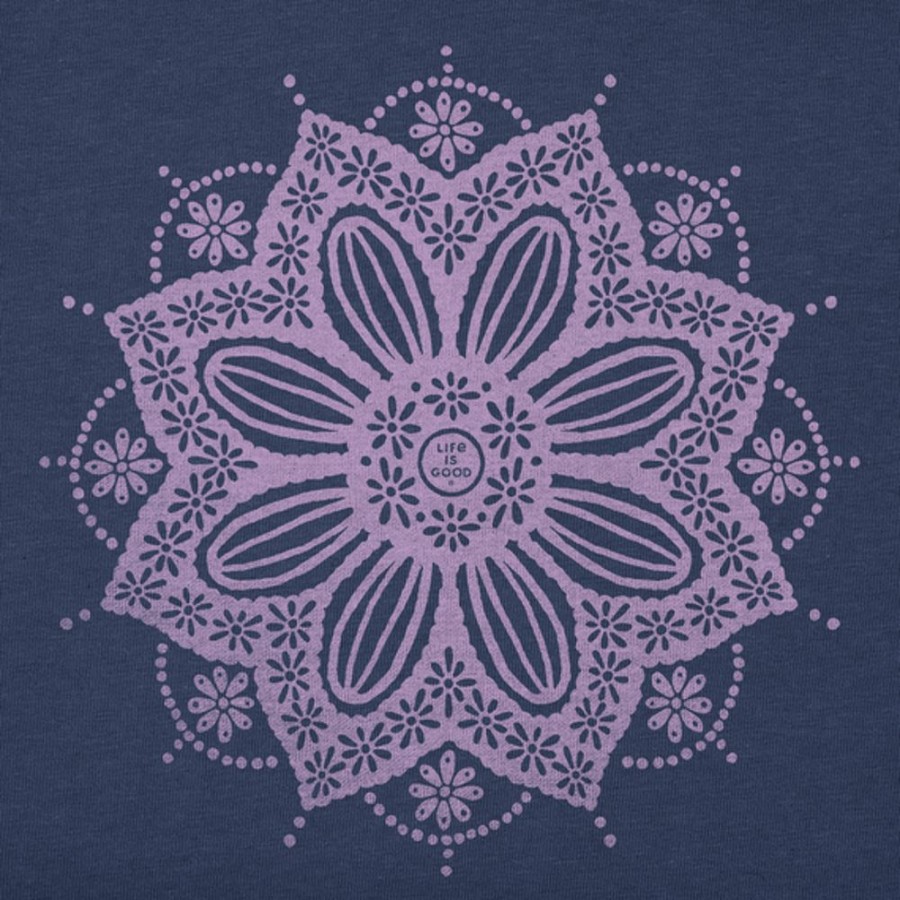 Women Life is Good Graphic Tees | Women'S Crochet Mandala Daisy Crusher Tee Darkest Blue