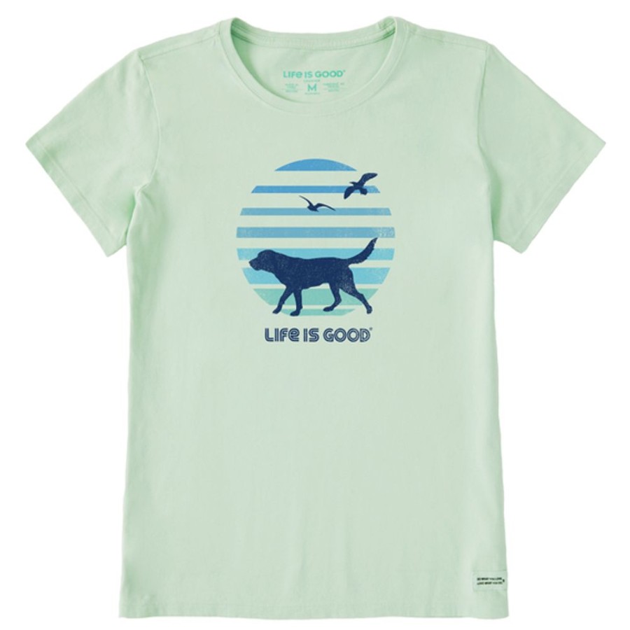 Women Life is Good Graphic Tees | Women'S 70'S Retro Dog Beach Walk Crusher-Lite Tee Sage Green