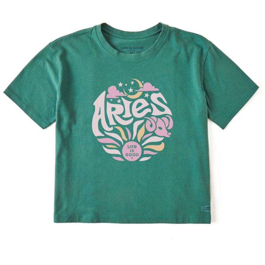 Women Life is Good Boxy Tees | Women'S Aries Zodiac Vibes Boxy Crusher Tee Spruce Green