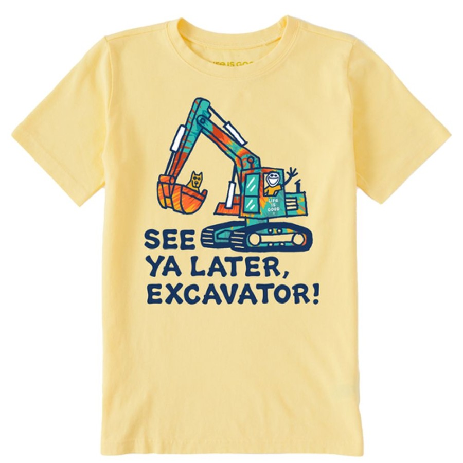 Kids Life is Good Graphic Tees | Kids Tie Dye See You Later Excavator Crusher Tee Sandy Yellow