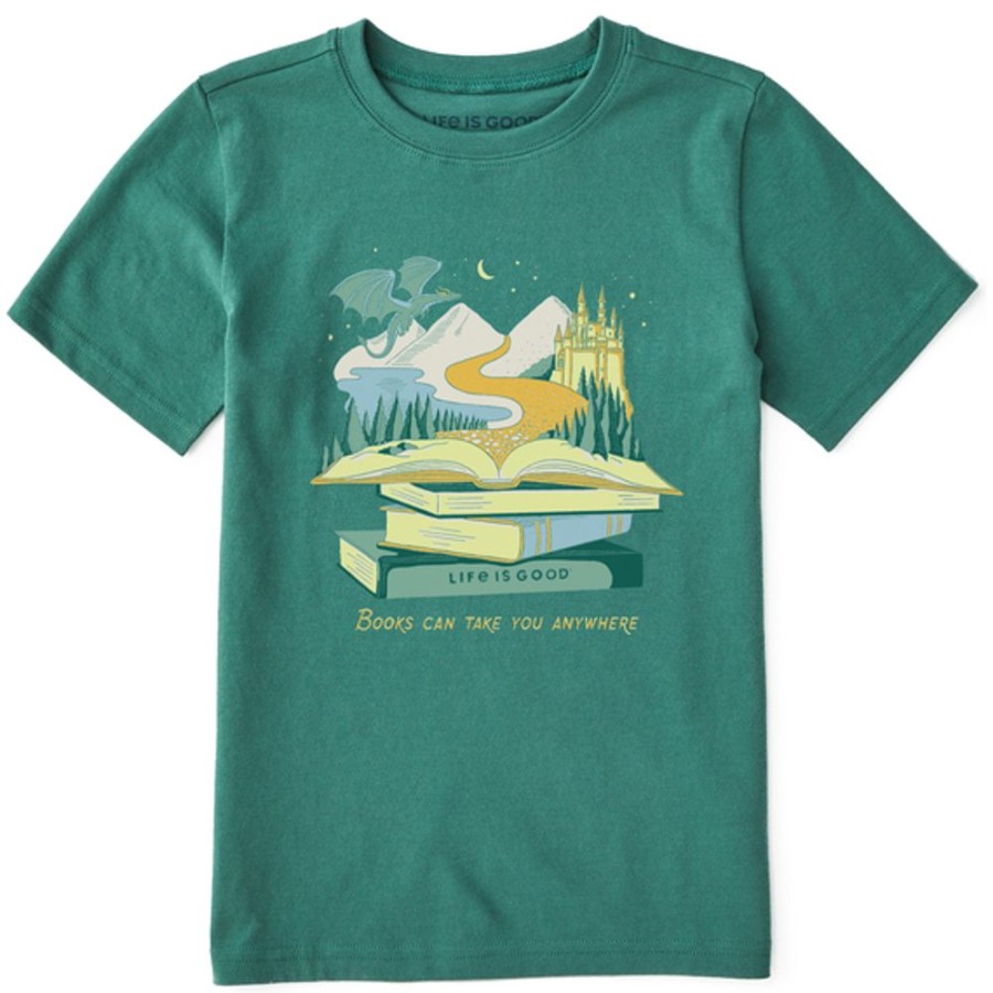 Kids Life is Good Graphic Tees | Kids Fineline Books Can Take You Anywhere Crusher Tee Spruce Green