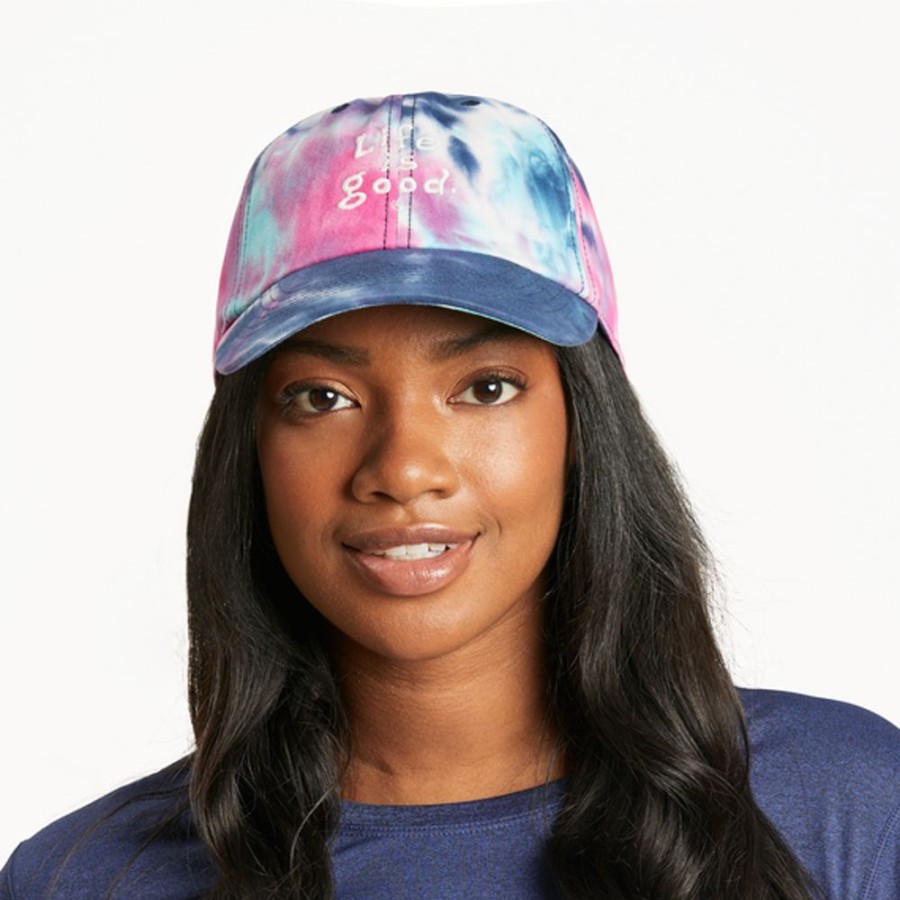 Women Life is Good Hats | Lig Vintage Tie Dye Wordmark Stacked Chill Cap Raspberry Pink Tie Dye