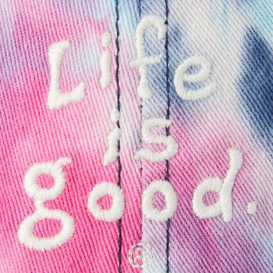 Women Life is Good Hats | Lig Vintage Tie Dye Wordmark Stacked Chill Cap Raspberry Pink Tie Dye