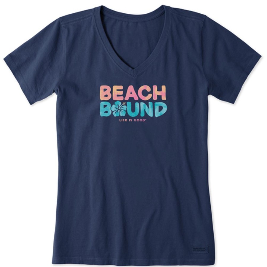 Women Life is Good Graphic Tees | Women'S Wordsmith Beach Bound Hibiscus Short Sleeve Vee Darkest Blue