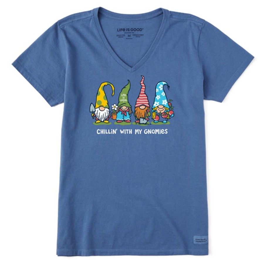 Women Life is Good Graphic Tees | Women'S Garden Gnomies Chillin' Short Sleeve Vee Vintage Blue