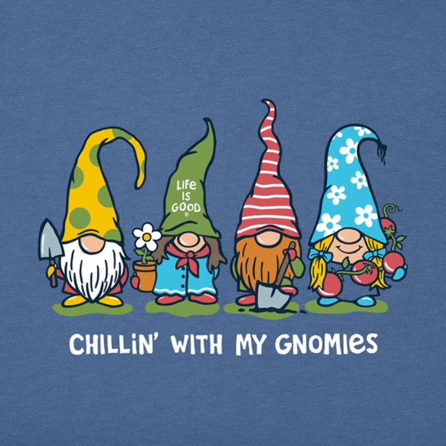 Women Life is Good Graphic Tees | Women'S Garden Gnomies Chillin' Short Sleeve Vee Vintage Blue