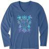 Women Life is Good Graphic Tees | Women'S Folk Art Garden Tie Dye Long Sleeve Crusher Vee Vintage Blue