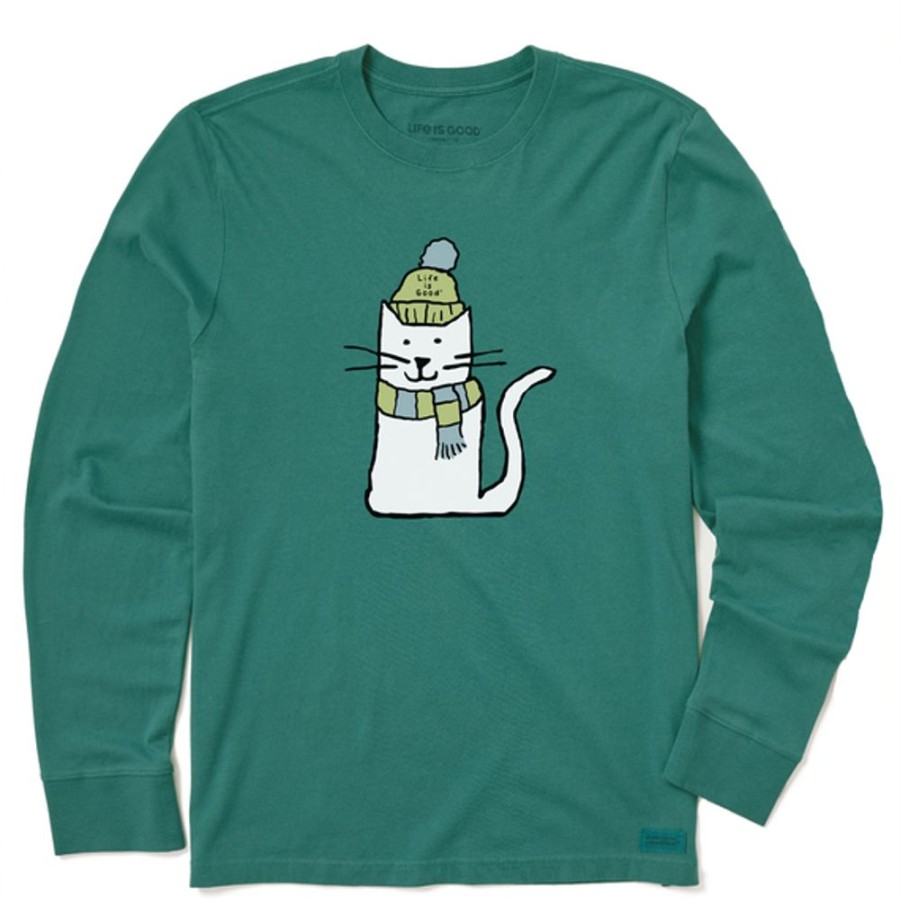 Kids Life is Good Graphic Tees | Kids Quirky Warmly Dressed Cat Long Sleeve Crusher Tee Spruce Green