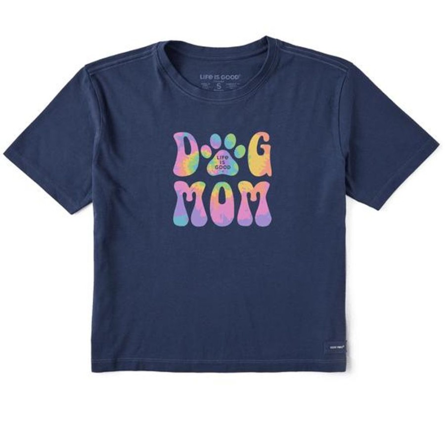 Women Life is Good Boxy Tees | Women'S Groovy Tie Dye Dog Mom Boxy Crusher Tee Darkest Blue