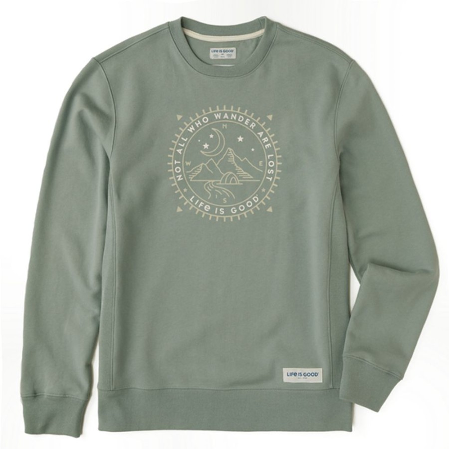 Men Life is Good Sweatshirts & Hoodies | Men'S Wander Compass Scene Simply True Fleece Crew Moss Green