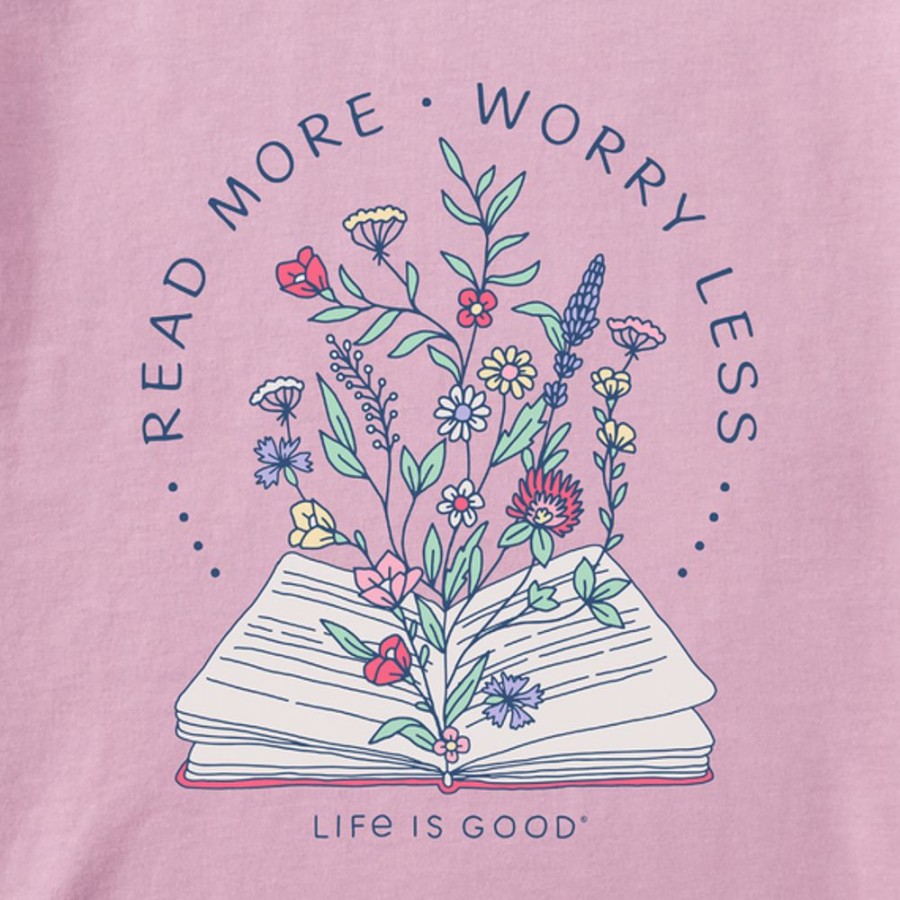 Women Life is Good Graphic Tees | Women'S Read More Flower Book Long Sleeve Crusher-Lite Hooded Tee Violet Purple