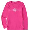 Women Life is Good Graphic Tees | Women'S Beach Bound Stripe Long Sleeve Crusher Vee Raspberry Pink