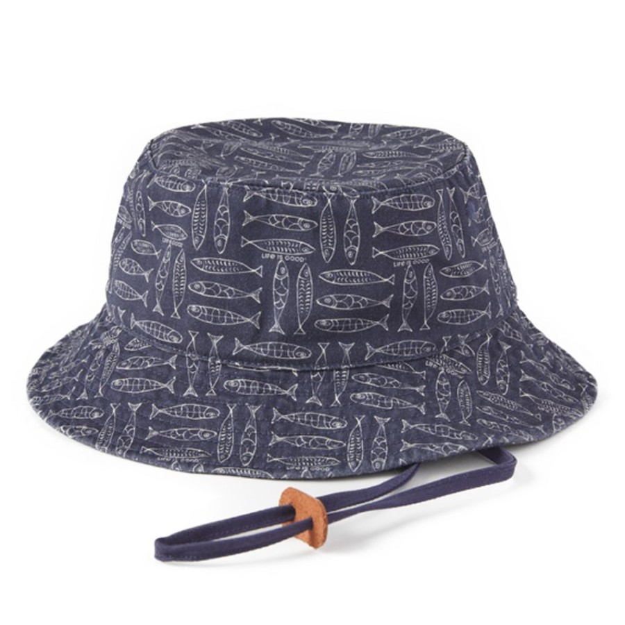 Women Life is Good Hats | Linear Fish Pattern Bucket Hat Darkest Blue