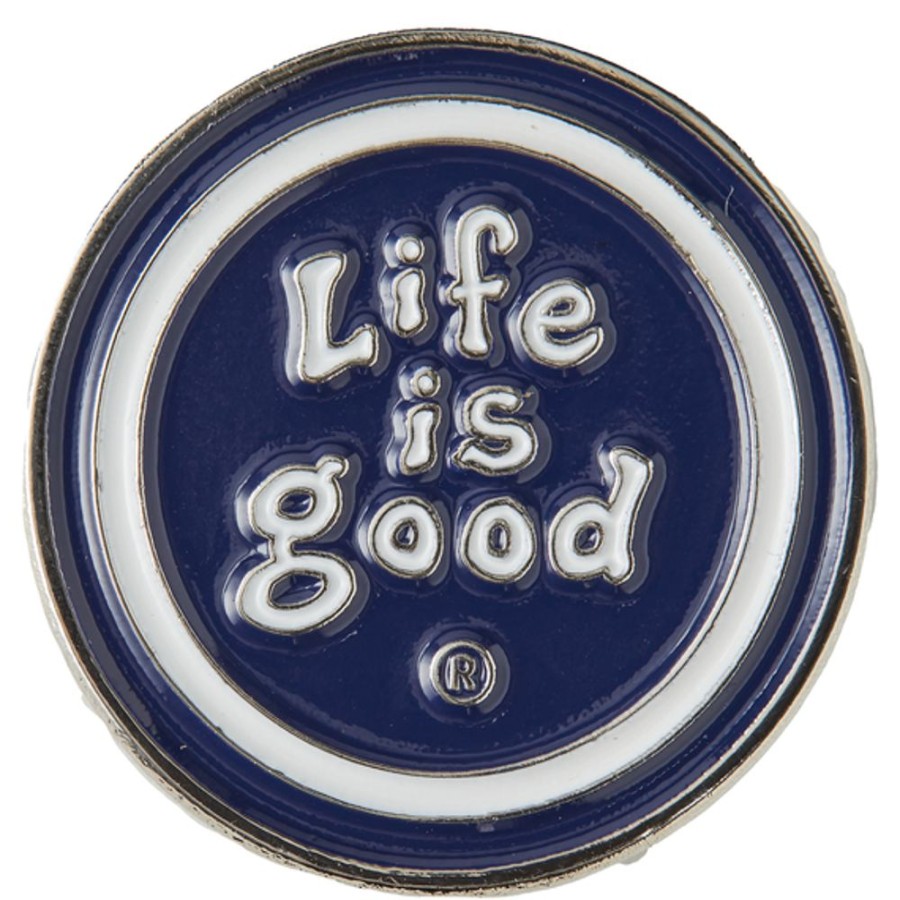 Women Life is Good Pins | Lig Vintage Wordmark Stacked Enamel Pin Darkest Blue