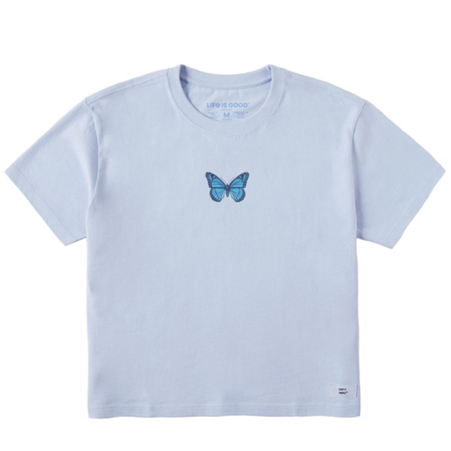 Women Life is Good Boxy Tees | Women'S Antique Floral Butterfly Boxy Crusher Tee Glacier Blue