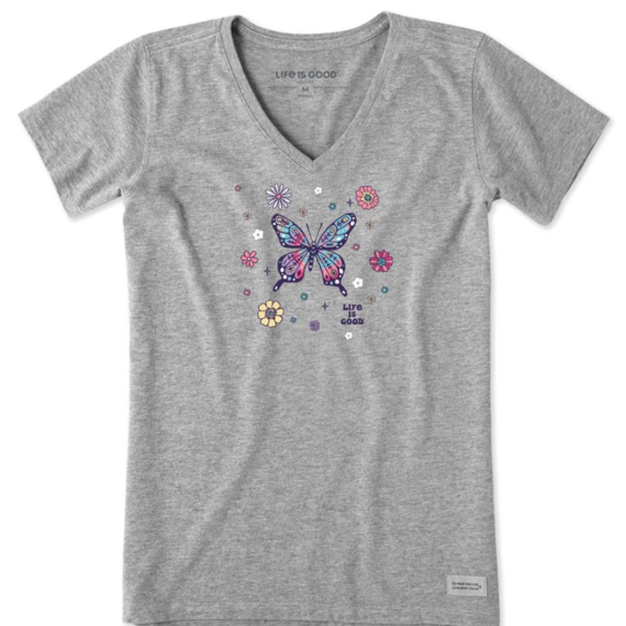 Women Life is Good Graphic Tees | Women'S Tie Dye Retro Butterfly Flowers Crusher-Lite Vee Heather Gray